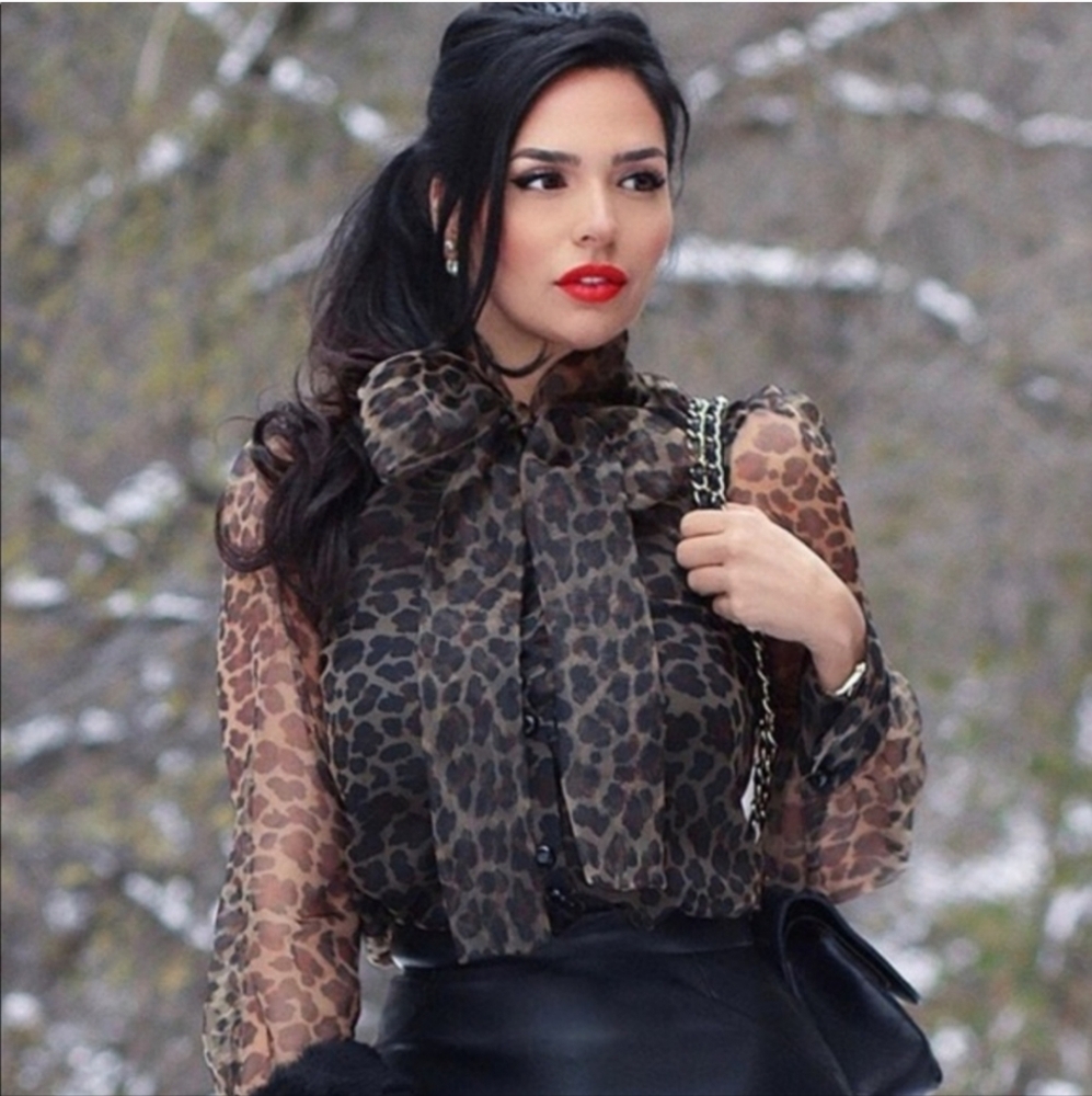 Vici Leopard Tie-Neck Semi Sheer Blouse